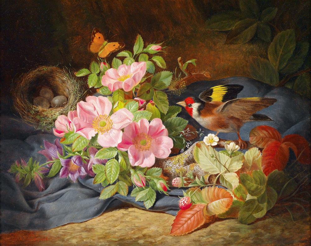 Цветочный натюрморт с щеглом и гнездом